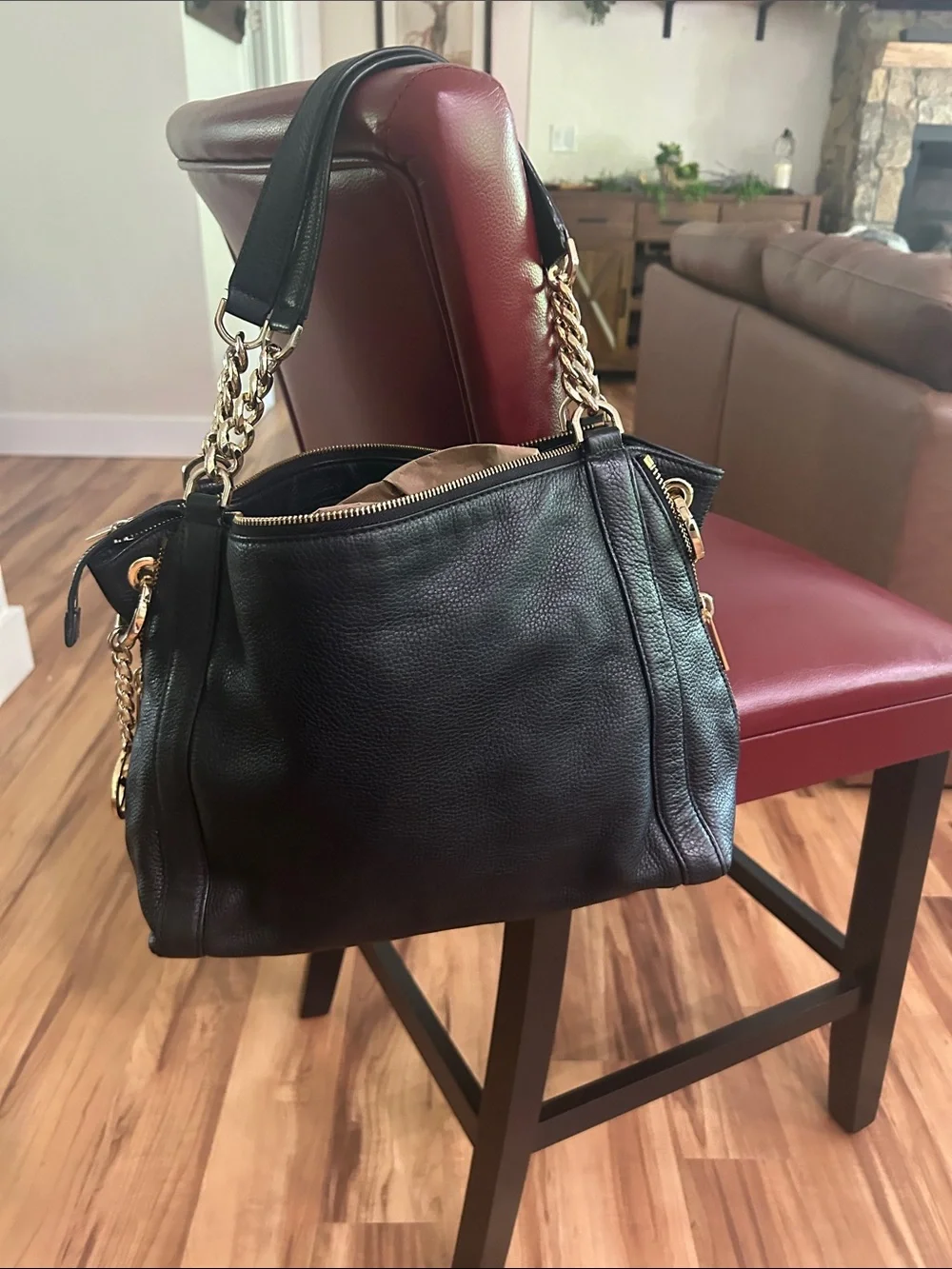 Michael Kors Black Leather Shoulder Bag with Gold Chain Accents
